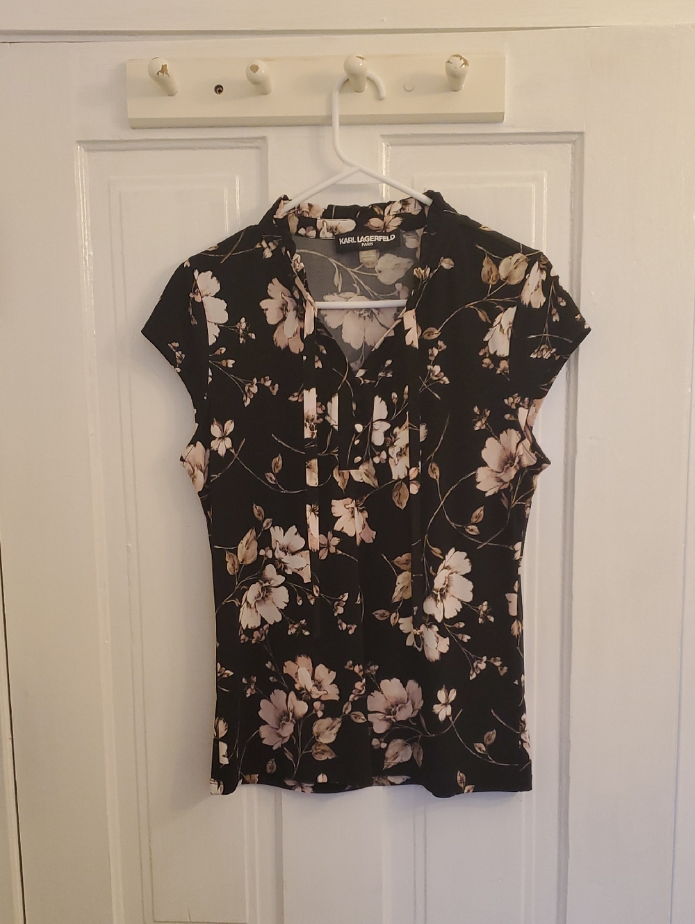 Black Floral Cap-Sleeve Blouse with Cream and Pink Blossoms